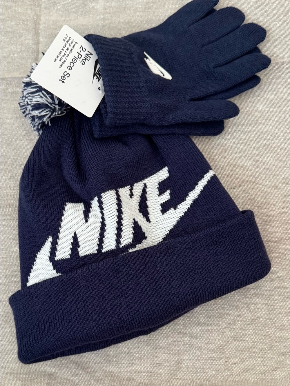 Nike Navy and White Knit Beanie with Matching Gloves - Picture 1 of 3